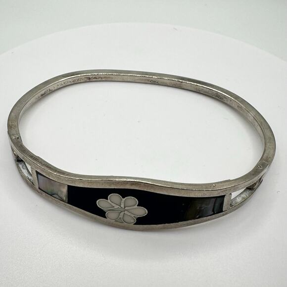 Taxco vintage 925 sterling silver onyx abalone inlay hinged bangle bracelet - Picture 5 of 11